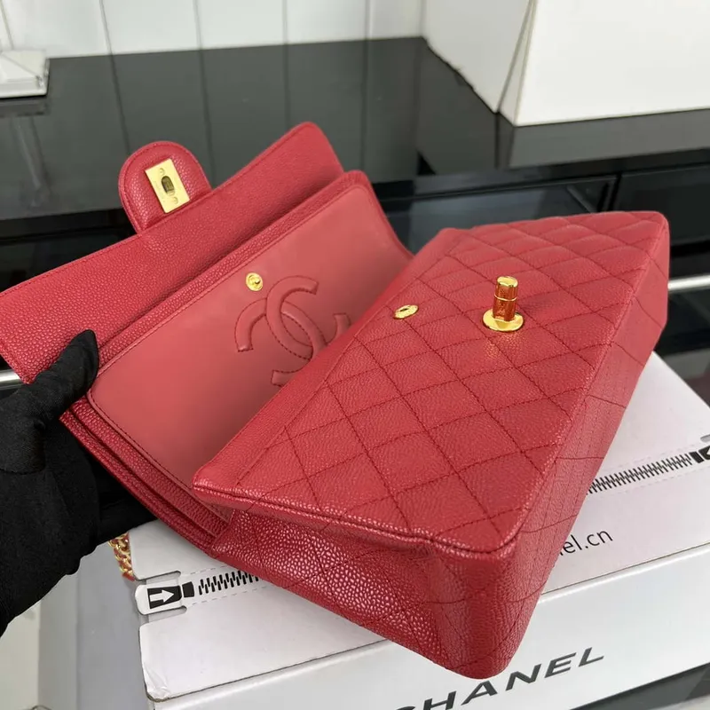 Chanel A01112 Flap Classic Handbag Grained Calfskin & Gold Tone Metal Red