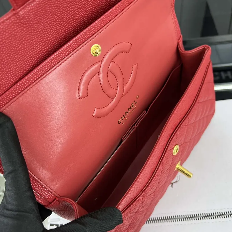 Chanel A01112 Flap Classic Handbag Grained Calfskin & Gold Tone Metal Red