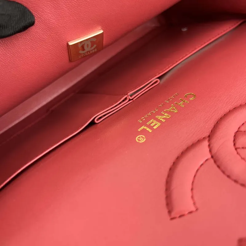 Chanel A01112 Flap Classic Handbag Grained Calfskin & Gold Tone Metal Red