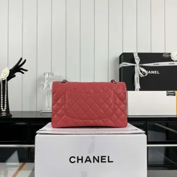 Chanel A01112 Flap Classic Handbag Grained Calfskin & Silver Tone Metal Red