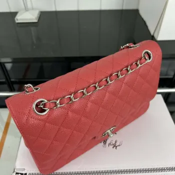 Chanel A01112 Flap Classic Handbag Grained Calfskin & Silver Tone Metal Red