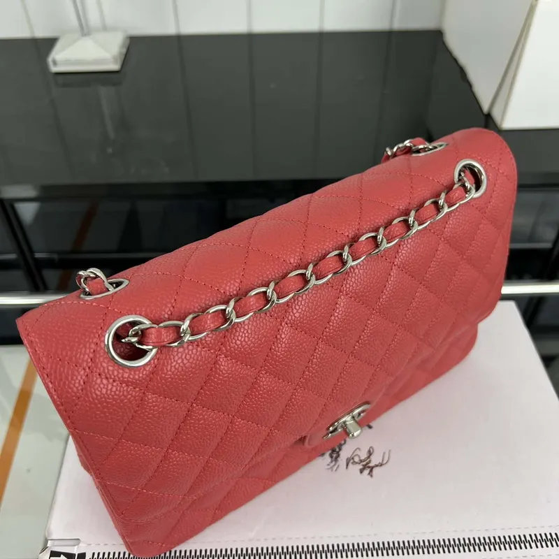 Chanel A01112 Flap Classic Handbag Grained Calfskin & Silver Tone Metal Red