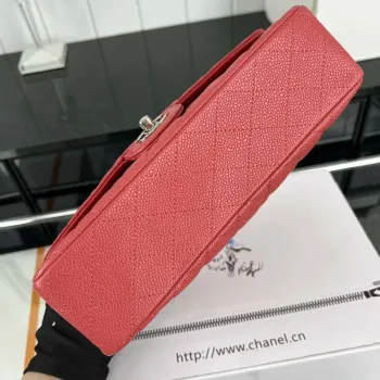 Chanel A01112 Flap Classic Handbag Grained Calfskin & Silver Tone Metal Red