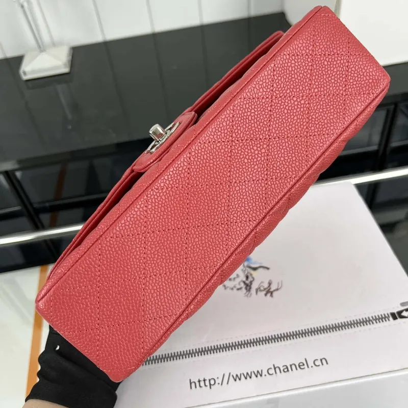 Chanel A01112 Flap Classic Handbag Grained Calfskin & Silver Tone Metal Red