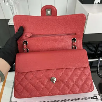 Chanel A01112 Flap Classic Handbag Grained Calfskin & Silver Tone Metal Red