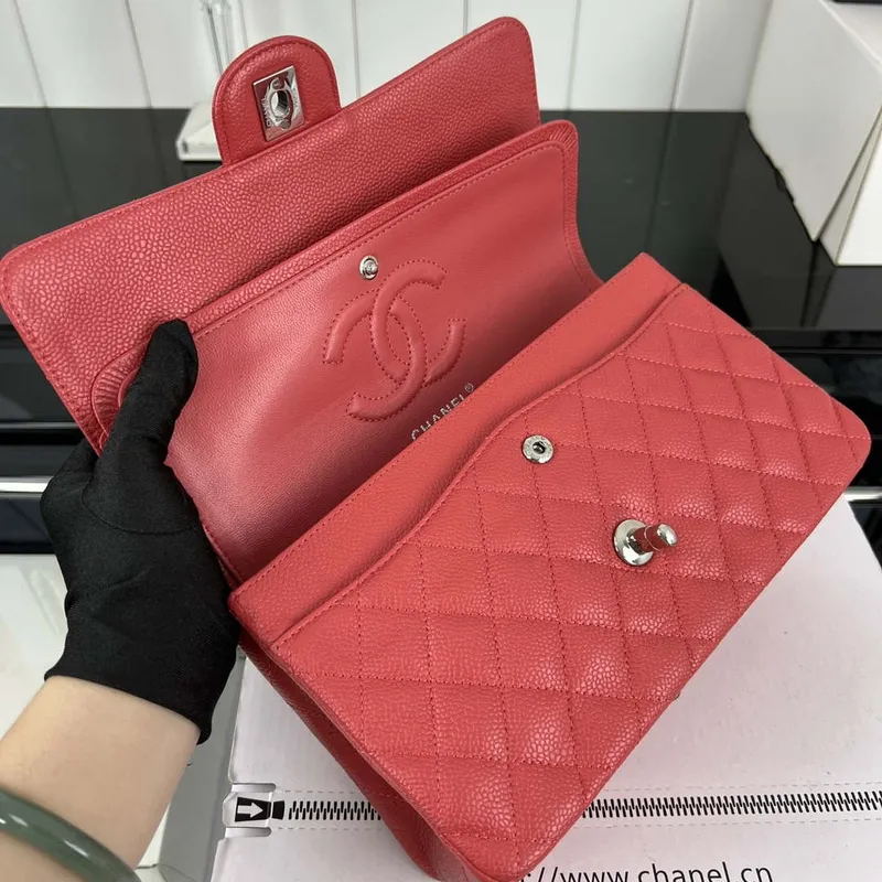 Chanel A01112 Flap Classic Handbag Grained Calfskin & Silver Tone Metal Red