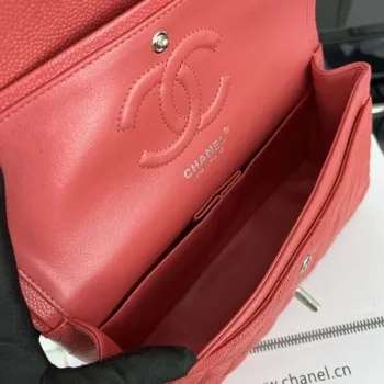 Chanel A01112 Flap Classic Handbag Grained Calfskin & Silver Tone Metal Red