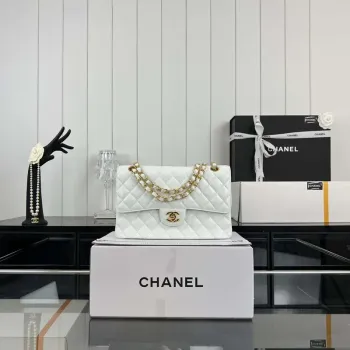 Chanel A01112 Flap Classic Handbag Grained Calfskin & Gold Tone Metal White
