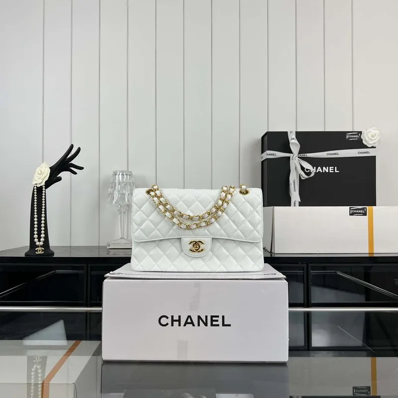 Chanel A01112 Flap Classic Handbag Grained Calfskin & Gold Tone Metal White