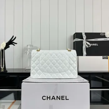 Chanel A01112 Flap Classic Handbag Grained Calfskin & Gold Tone Metal White