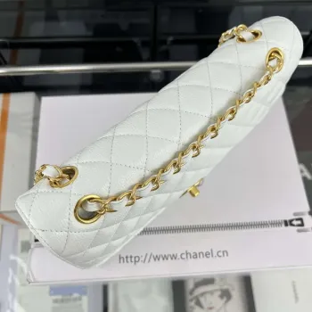 Chanel A01112 Flap Classic Handbag Grained Calfskin & Gold Tone Metal White