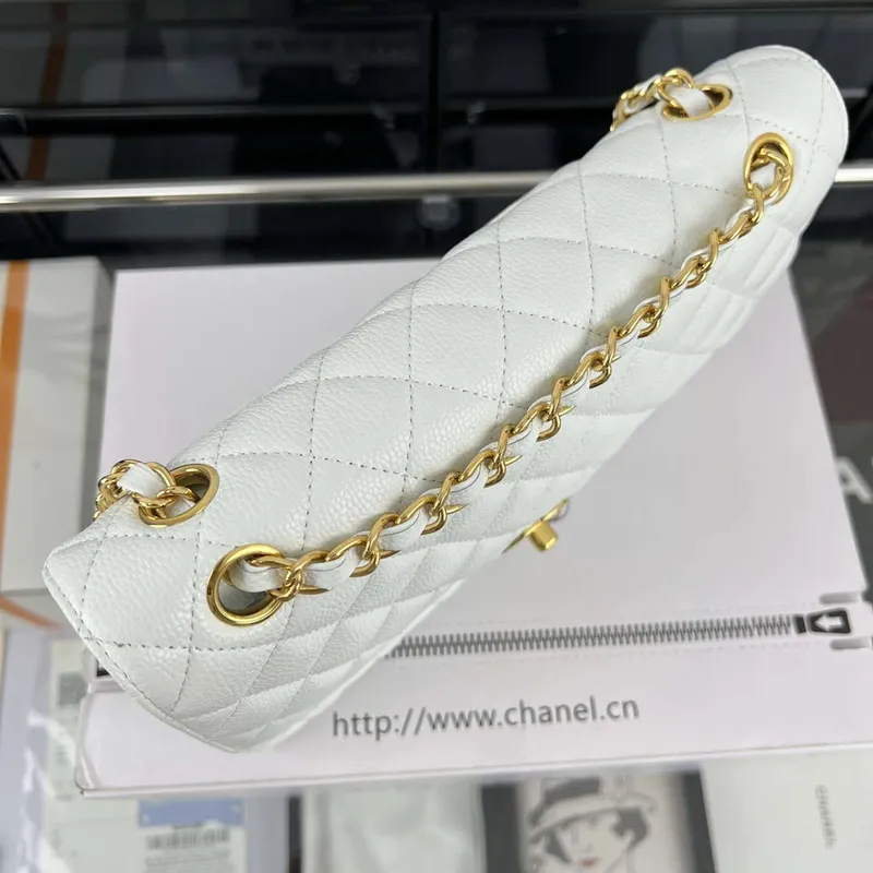 Chanel A01112 Flap Classic Handbag Grained Calfskin & Gold Tone Metal White