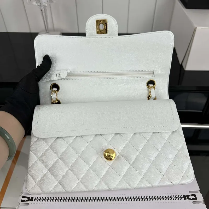 Chanel A01112 Flap Classic Handbag Grained Calfskin & Gold Tone Metal White