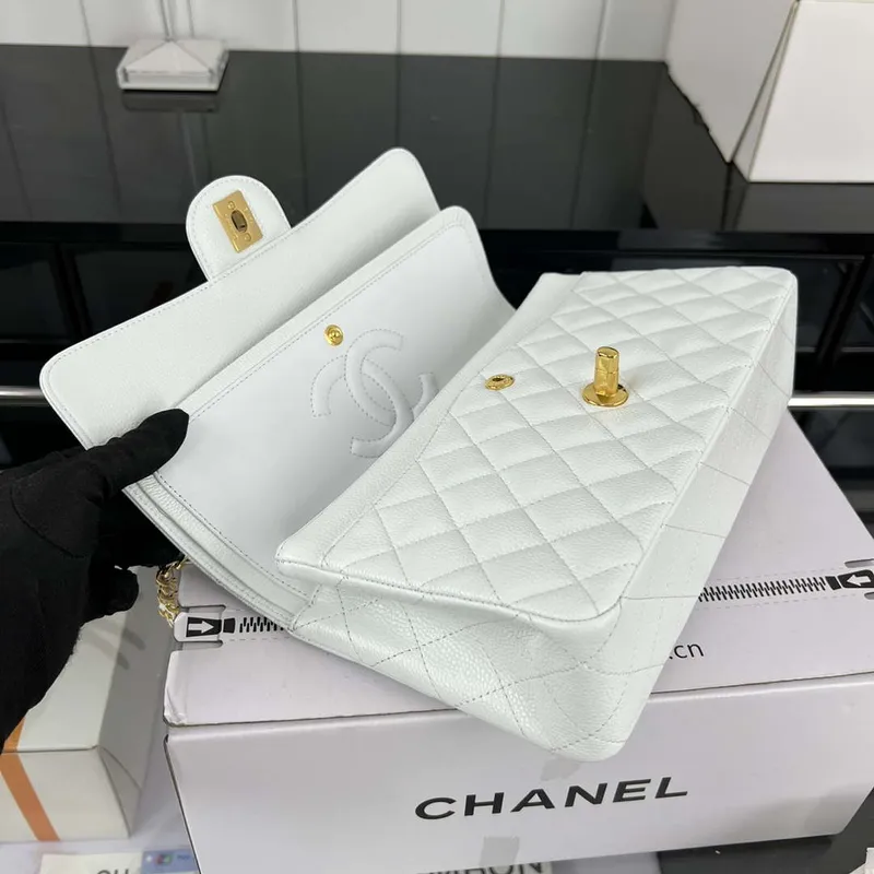 Chanel A01112 Flap Classic Handbag Grained Calfskin & Gold Tone Metal White