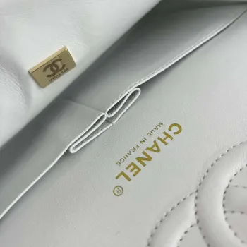 Chanel A01112 Flap Classic Handbag Grained Calfskin & Gold Tone Metal White