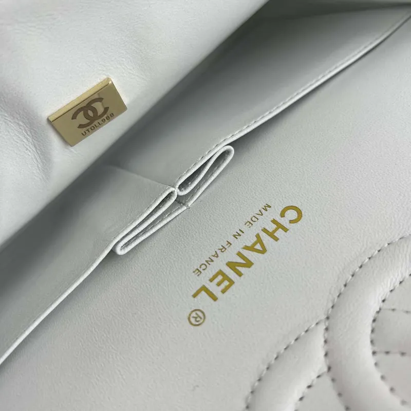 Chanel A01112 Flap Classic Handbag Grained Calfskin & Gold Tone Metal White