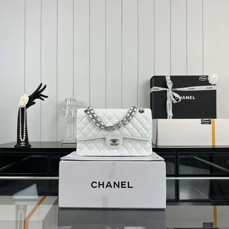 Chanel A01112 Flap Classic Handbag Grained Calfskin & Silver Tone Metal White