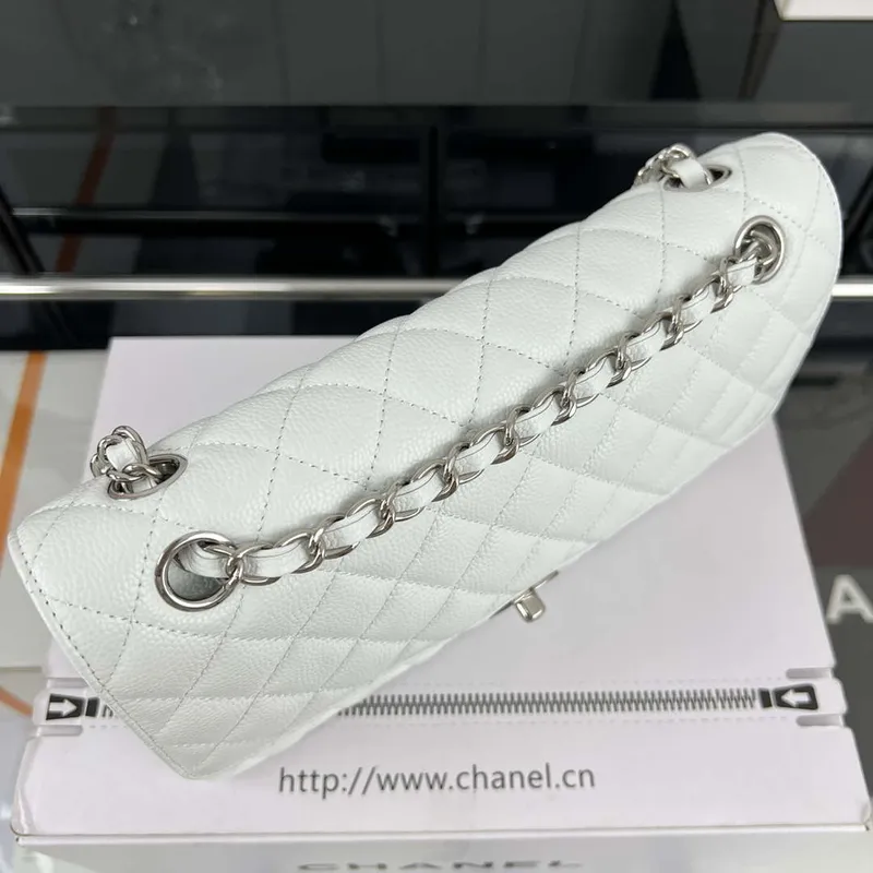 Chanel A01112 Flap Classic Handbag Grained Calfskin & Silver Tone Metal White