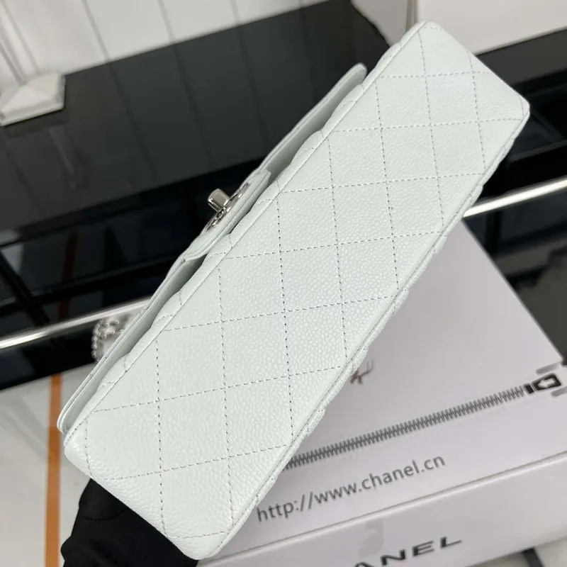 Chanel A01112 Flap Classic Handbag Grained Calfskin & Silver Tone Metal White