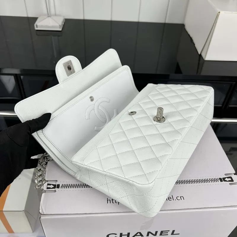 Chanel A01112 Flap Classic Handbag Grained Calfskin & Silver Tone Metal White