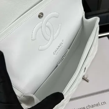 Chanel A01112 Flap Classic Handbag Grained Calfskin & Silver Tone Metal White