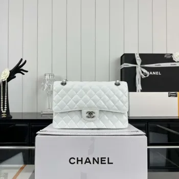Chanel A01112 Flap Classic Handbag Grained Calfskin & Silver Tone Metal White