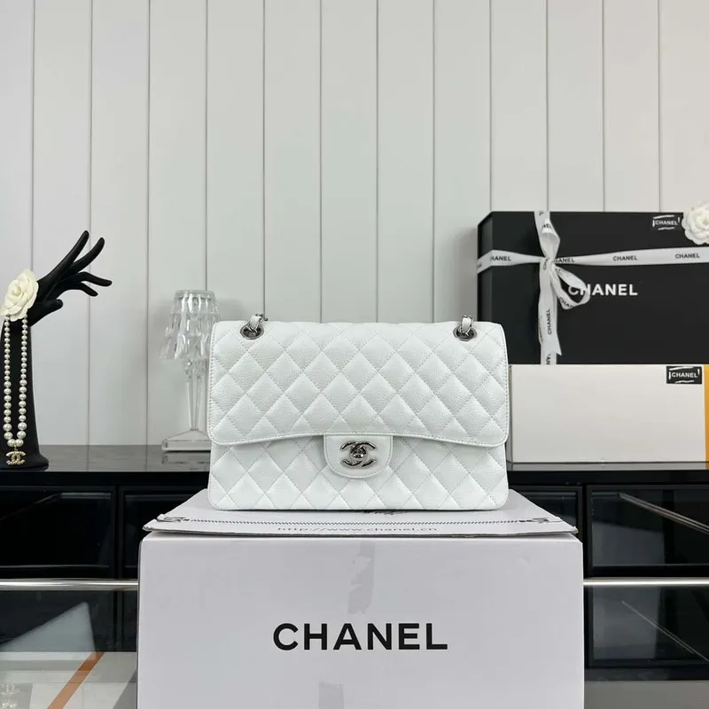 Chanel A01112 Flap Classic Handbag Grained Calfskin & Silver Tone Metal White