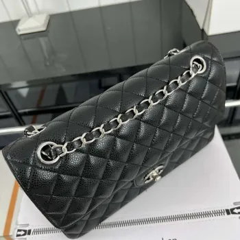 Chanel A01112 Flap Classic Handbag Grained Calfskin & Silver Tone Metal Black