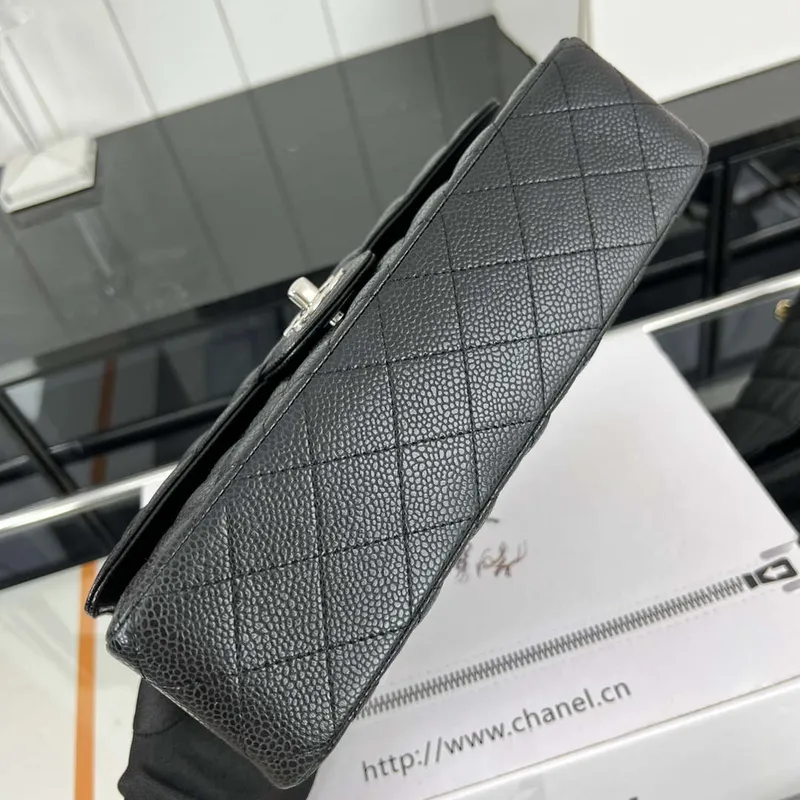 Chanel A01112 Flap Classic Handbag Grained Calfskin & Silver Tone Metal Black