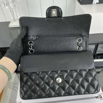 Chanel A01112 Flap Classic Handbag Grained Calfskin & Silver Tone Metal Black