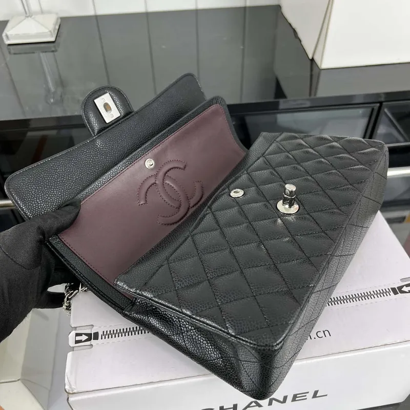 Chanel A01112 Flap Classic Handbag Grained Calfskin & Silver Tone Metal Black