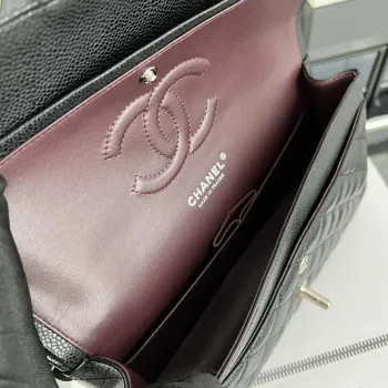 Chanel A01112 Flap Classic Handbag Grained Calfskin & Silver Tone Metal Black