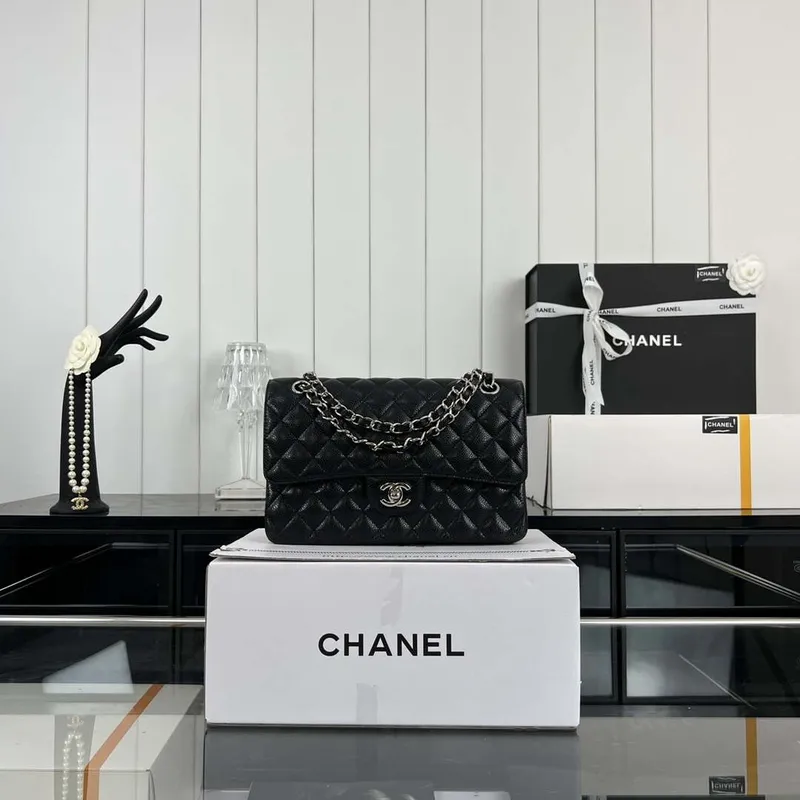 Chanel A01112 Flap Classic Handbag Grained Calfskin & Silver Tone Metal Black