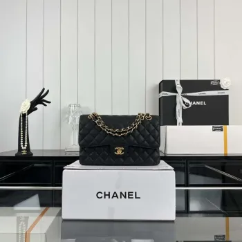 Chanel A01112 Flap Classic Handbag Grained Calfskin & Gold Tone Metal Black