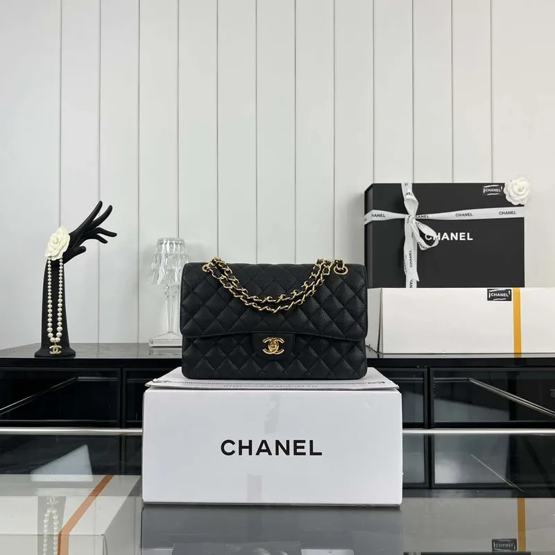 Chanel A01112 Flap Classic Handbag Grained Calfskin & Gold Tone Metal Black