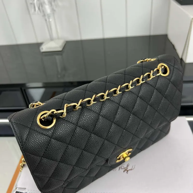 Chanel A01112 Flap Classic Handbag Grained Calfskin & Gold Tone Metal Black