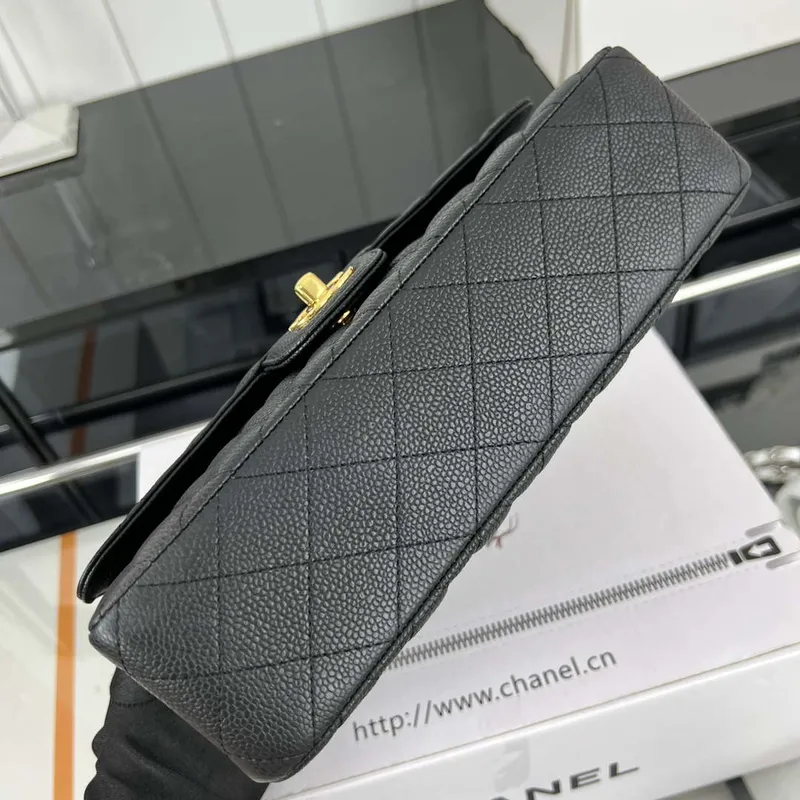 Chanel A01112 Flap Classic Handbag Grained Calfskin & Gold Tone Metal Black