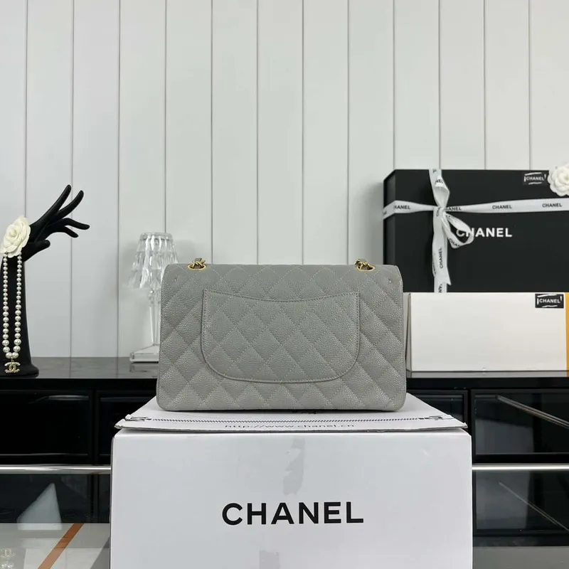 Chanel A01112 Flap Classic Handbag Grained Calfskin & Gold Tone Metal Gray