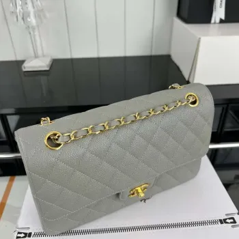 Chanel A01112 Flap Classic Handbag Grained Calfskin & Gold Tone Metal Gray