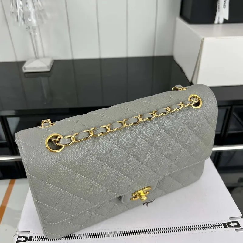 Chanel A01112 Flap Classic Handbag Grained Calfskin & Gold Tone Metal Gray