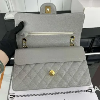 Chanel A01112 Flap Classic Handbag Grained Calfskin & Gold Tone Metal Gray