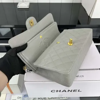 Chanel A01112 Flap Classic Handbag Grained Calfskin & Gold Tone Metal Gray