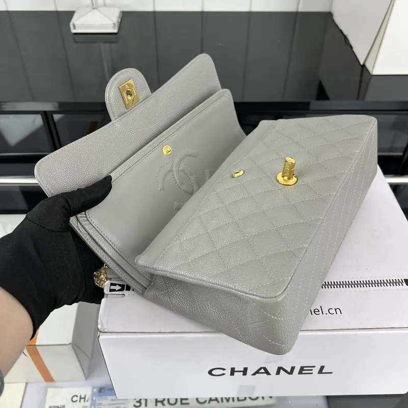 Chanel A01112 Flap Classic Handbag Grained Calfskin & Gold Tone Metal Gray