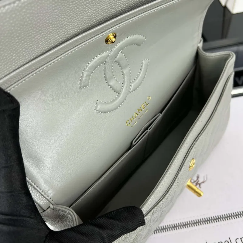Chanel A01112 Flap Classic Handbag Grained Calfskin & Gold Tone Metal Gray