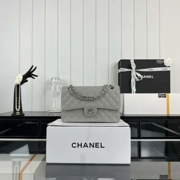 Chanel A01112 Flap Classic Handbag Grained Calfskin & Silver Tone Metal Gray