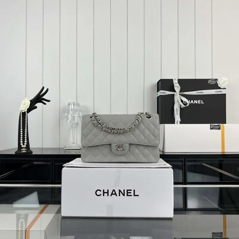 Chanel A01112 Flap Classic Handbag Grained Calfskin & Silver Tone Metal Gray