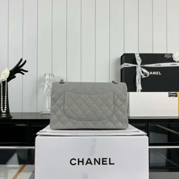 Chanel A01112 Flap Classic Handbag Grained Calfskin & Silver Tone Metal Gray