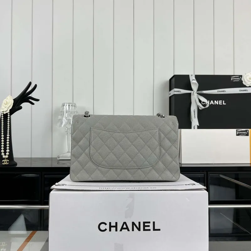 Chanel A01112 Flap Classic Handbag Grained Calfskin & Silver Tone Metal Gray
