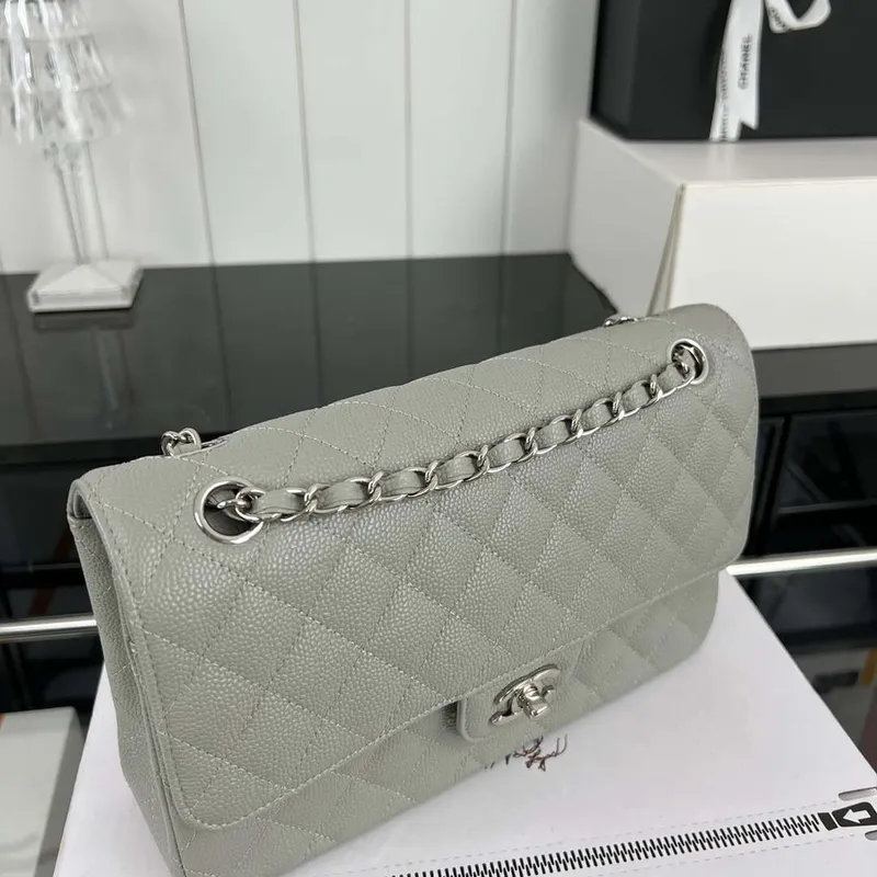 Chanel A01112 Flap Classic Handbag Grained Calfskin & Silver Tone Metal Gray