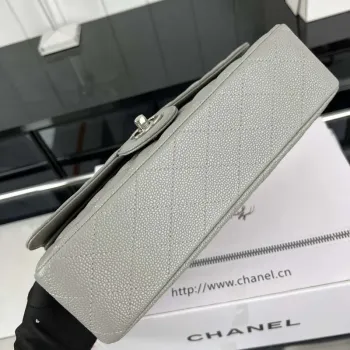 Chanel A01112 Flap Classic Handbag Grained Calfskin & Silver Tone Metal Gray